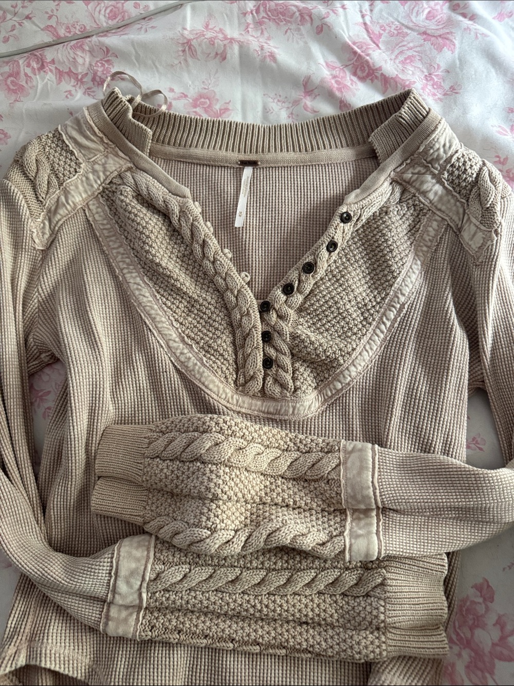 Free People Taupe Waffle Knit Cable-Trim Long Sleeve Top - Picture 2 of 3